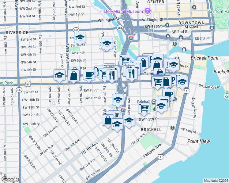 map of restaurants, bars, coffee shops, grocery stores, and more near 848 Southwest 4th Avenue in Miami