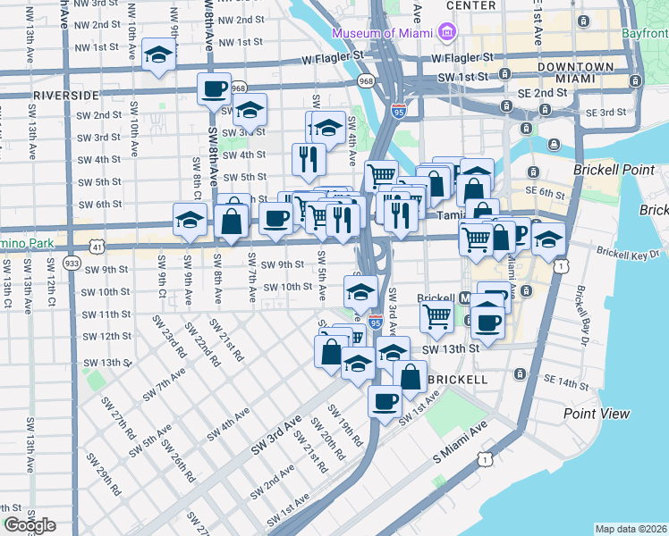 map of restaurants, bars, coffee shops, grocery stores, and more near 461 Southwest 9th Street in Miami