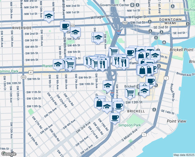 map of restaurants, bars, coffee shops, grocery stores, and more near 461 Southwest 9th Street in Miami