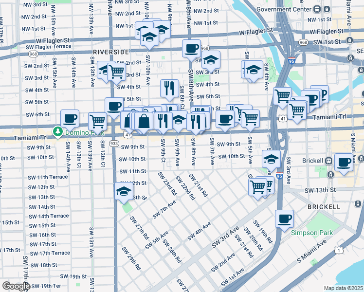 map of restaurants, bars, coffee shops, grocery stores, and more near 829 Southwest 8th Court in Miami