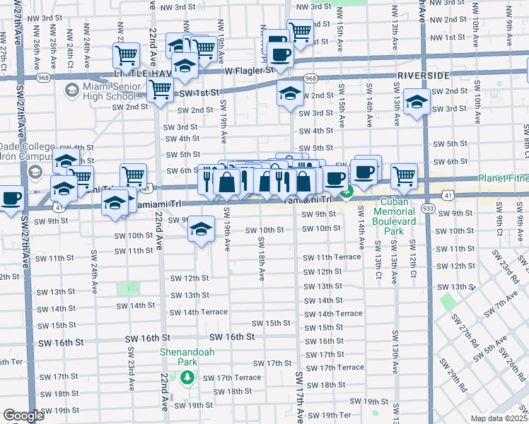 map of restaurants, bars, coffee shops, grocery stores, and more near 1821 Southwest 8th Street in Miami