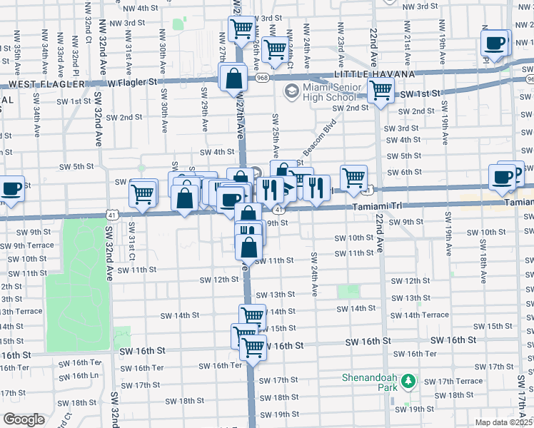 map of restaurants, bars, coffee shops, grocery stores, and more near in Miami