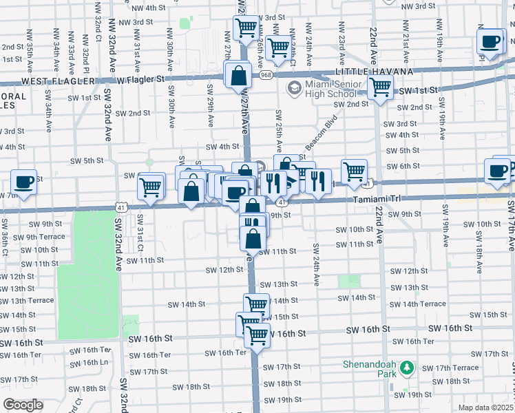 map of restaurants, bars, coffee shops, grocery stores, and more near in Miami