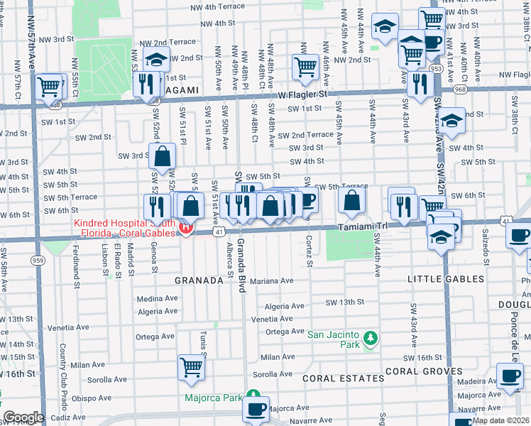 map of restaurants, bars, coffee shops, grocery stores, and more near 4830 Southwest 6th Street in Coral Gables