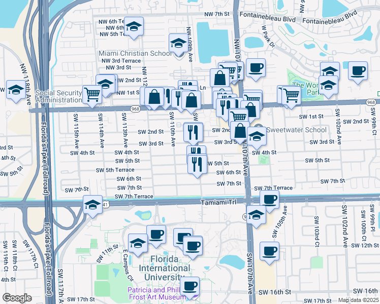 map of restaurants, bars, coffee shops, grocery stores, and more near 320 Southwest 109th Avenue in Miami