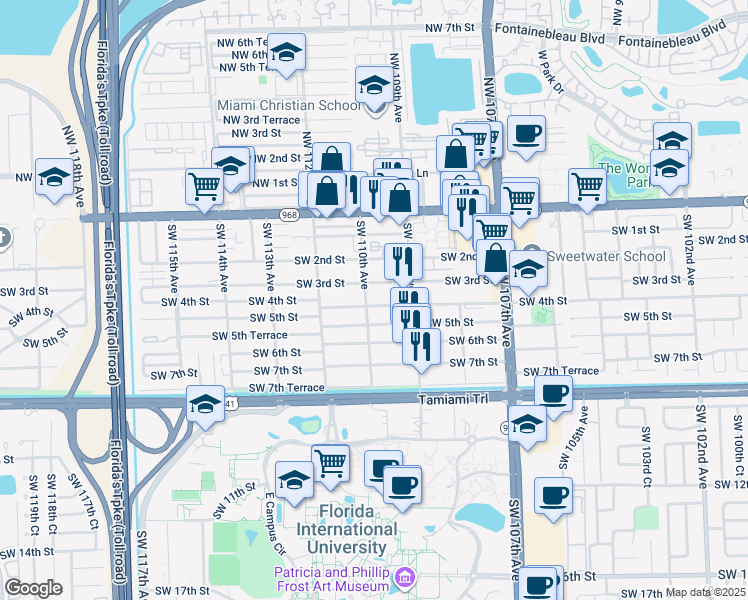 map of restaurants, bars, coffee shops, grocery stores, and more near 301 Southwest 110th Avenue in Miami