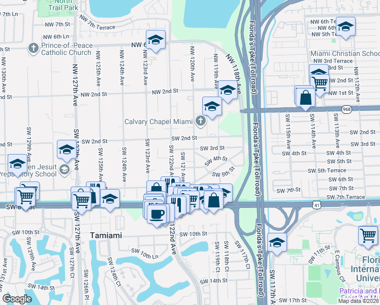 map of restaurants, bars, coffee shops, grocery stores, and more near 250 Southwest 120th Avenue in Miami