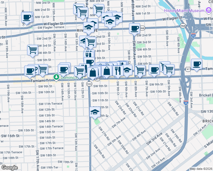 map of restaurants, bars, coffee shops, grocery stores, and more near 1017 Southwest 9th Street in Miami