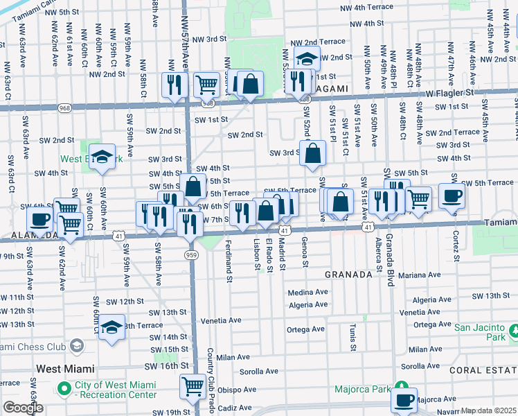 map of restaurants, bars, coffee shops, grocery stores, and more near 5401 Southwest 6th Street in Coral Gables