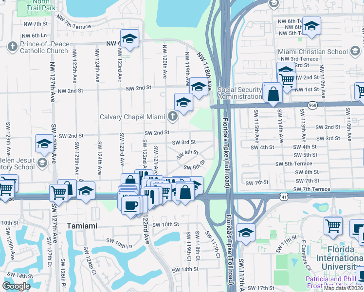 map of restaurants, bars, coffee shops, grocery stores, and more near 11911 Southwest 3rd Street in Miami