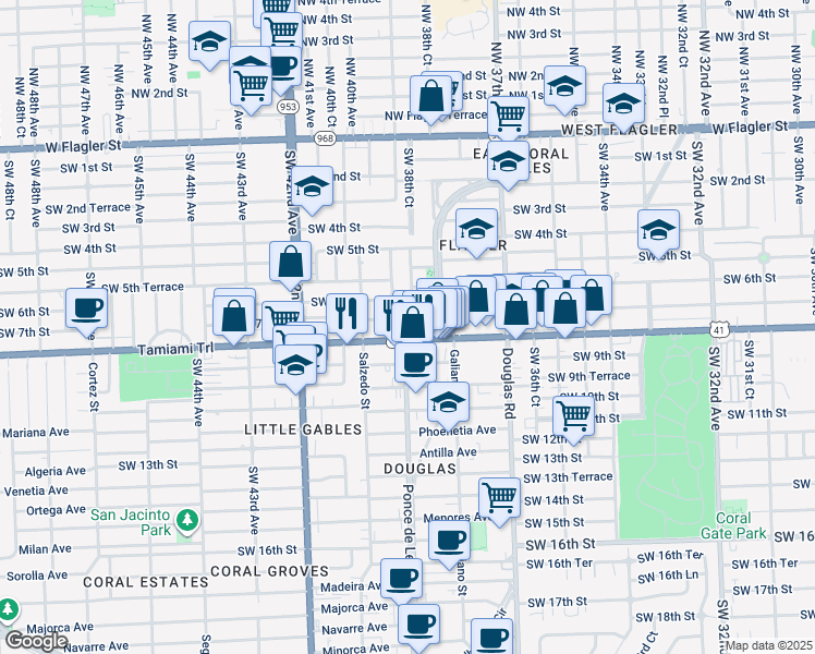 map of restaurants, bars, coffee shops, grocery stores, and more near 716 Boabadilla Street in Coral Gables