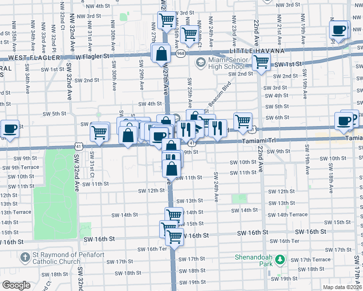 map of restaurants, bars, coffee shops, grocery stores, and more near in Miami