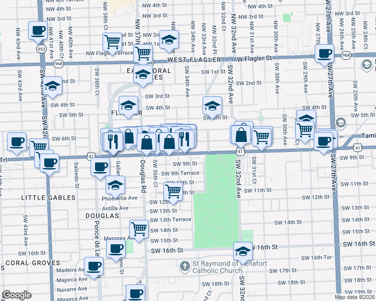 map of restaurants, bars, coffee shops, grocery stores, and more near in Miami