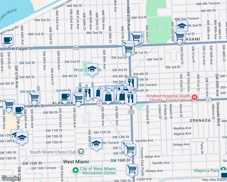 map of restaurants, bars, coffee shops, grocery stores, and more near 5844 Southwest 5th Terrace in Miami