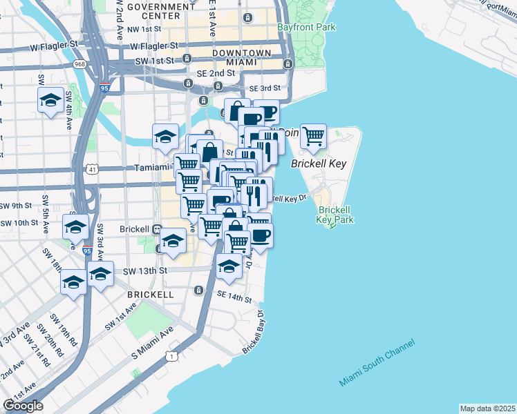map of restaurants, bars, coffee shops, grocery stores, and more near 601 Brickell Bay Drive in Miami