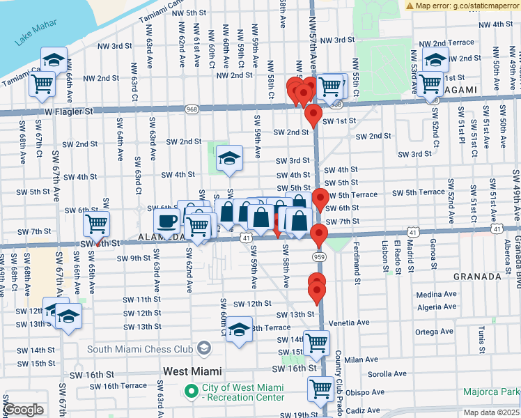 map of restaurants, bars, coffee shops, grocery stores, and more near 5916 Southwest 5th Terrace in Miami