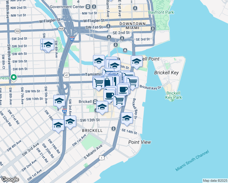 map of restaurants, bars, coffee shops, grocery stores, and more near 871 South Miami Avenue in Miami