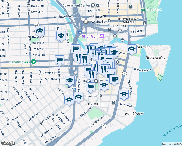 map of restaurants, bars, coffee shops, grocery stores, and more near 850 Southwest 2nd Avenue in Miami