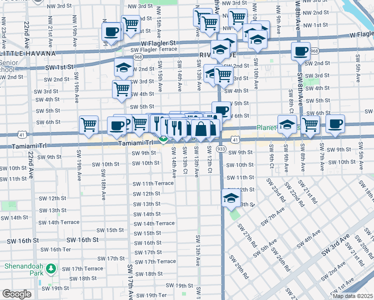 map of restaurants, bars, coffee shops, grocery stores, and more near 820 Southwest 13th Avenue in Miami