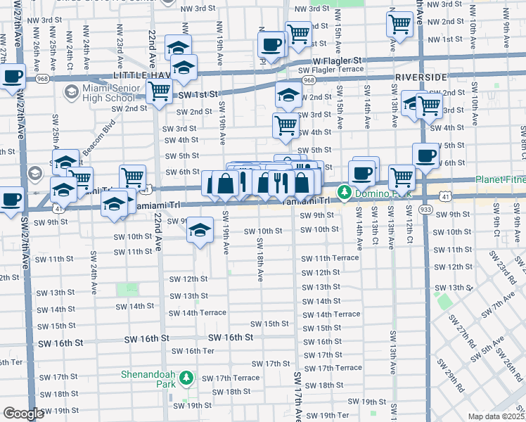 map of restaurants, bars, coffee shops, grocery stores, and more near 1821 Southwest 8th Street in Miami