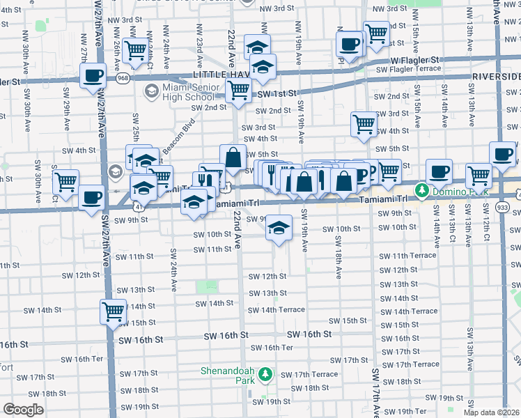 map of restaurants, bars, coffee shops, grocery stores, and more near 2101 Southwest 8th Street in Miami