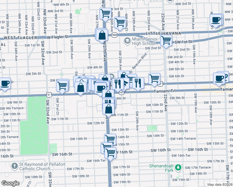 map of restaurants, bars, coffee shops, grocery stores, and more near in Miami