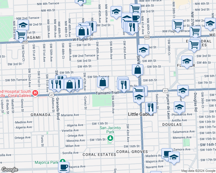 map of restaurants, bars, coffee shops, grocery stores, and more near 620 Southwest 44th Court in Coral Gables