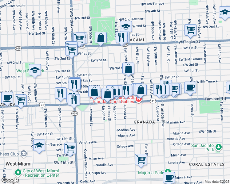 map of restaurants, bars, coffee shops, grocery stores, and more near 5281 Southwest 6th Street in Coral Gables