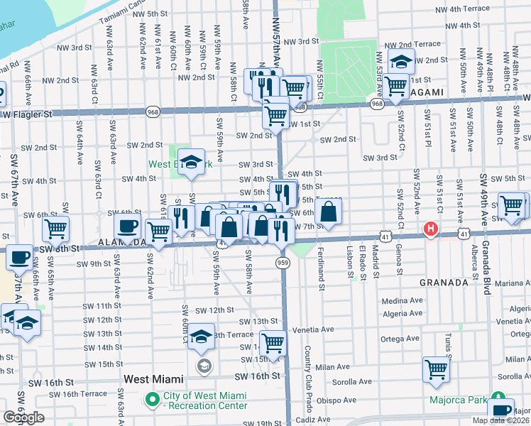 map of restaurants, bars, coffee shops, grocery stores, and more near 5760 Southwest 5th Terrace in Miami