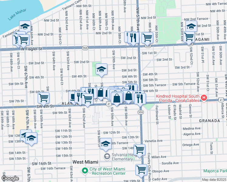 map of restaurants, bars, coffee shops, grocery stores, and more near 5916 Southwest 5th Terrace in Miami