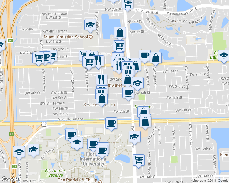 map of restaurants, bars, coffee shops, grocery stores, and more near 10840 Southwest 3rd Street in Miami