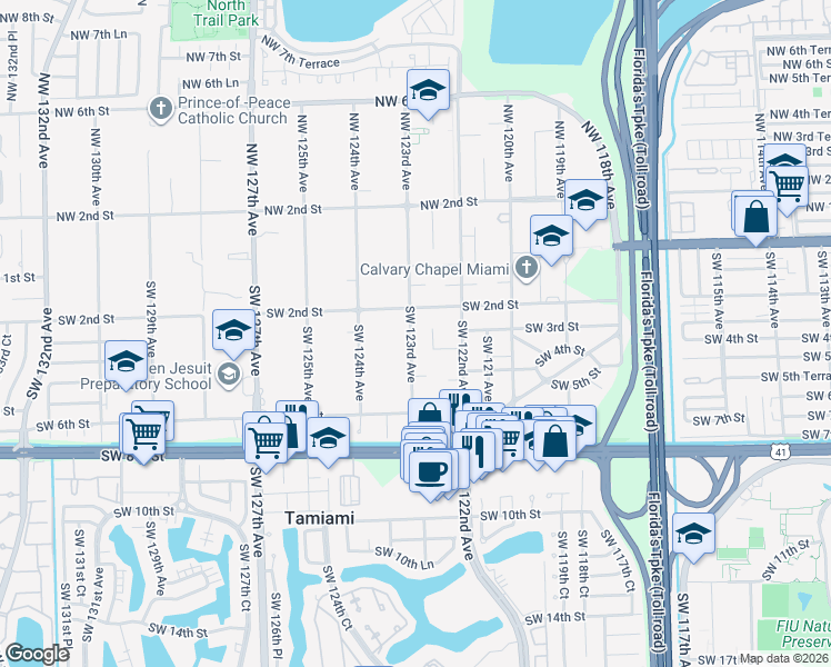 map of restaurants, bars, coffee shops, grocery stores, and more near 241 Southwest 122nd Court in Miami