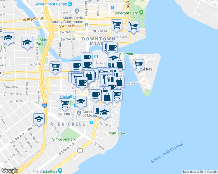 map of restaurants, bars, coffee shops, grocery stores, and more near 909 Brickell Avenue in Miami