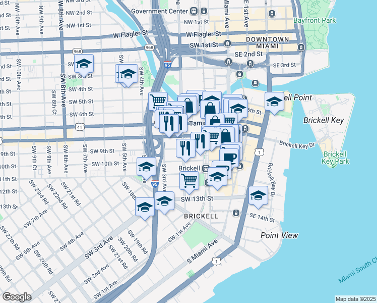 map of restaurants, bars, coffee shops, grocery stores, and more near 850 Southwest 2nd Avenue in Miami