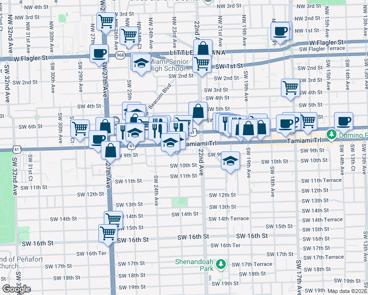 map of restaurants, bars, coffee shops, grocery stores, and more near 2222 Southwest 8th Street in Miami