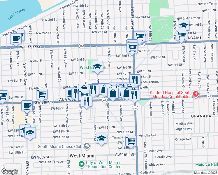 map of restaurants, bars, coffee shops, grocery stores, and more near 5916 Southwest 5th Terrace in Miami