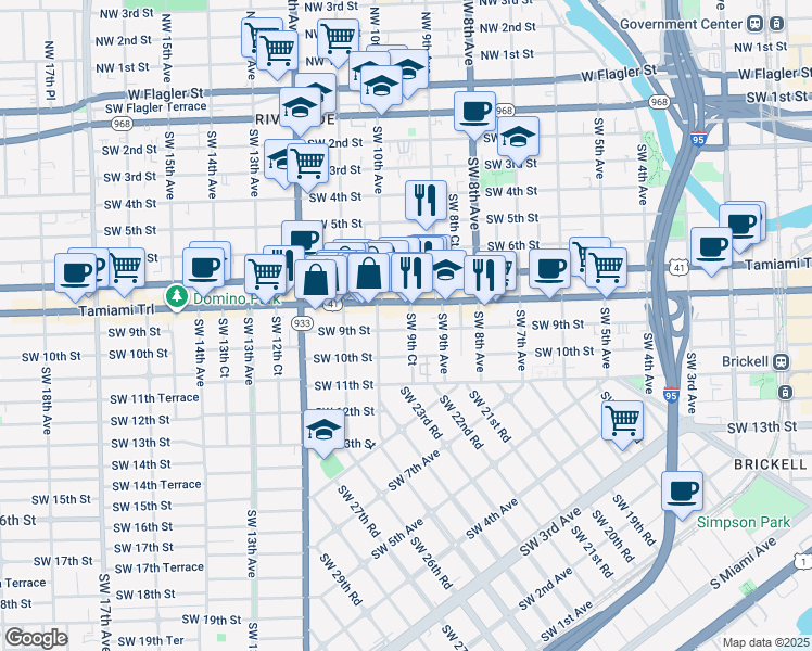 map of restaurants, bars, coffee shops, grocery stores, and more near 819 Southwest 10th Avenue in Miami