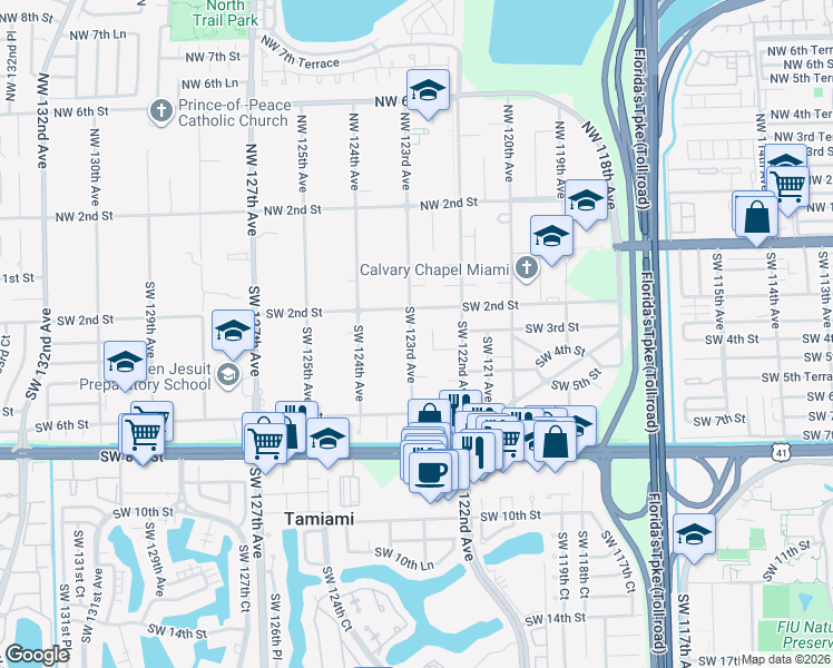 map of restaurants, bars, coffee shops, grocery stores, and more near 241 Southwest 122nd Court in Miami
