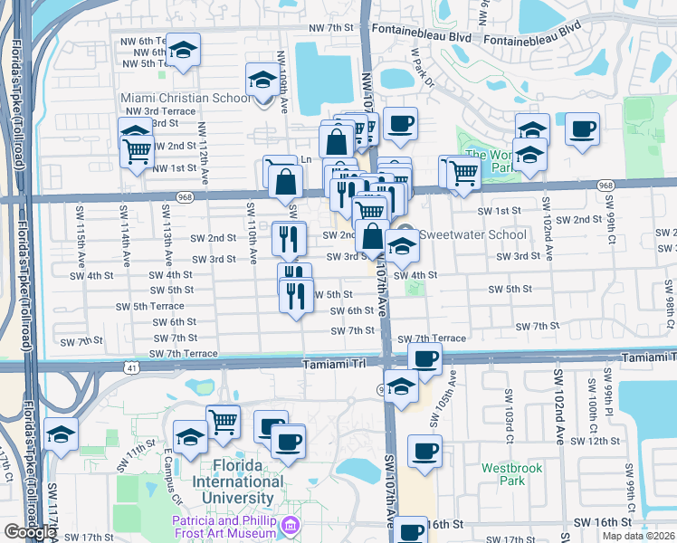 map of restaurants, bars, coffee shops, grocery stores, and more near 10840 Southwest 3rd Street in Miami