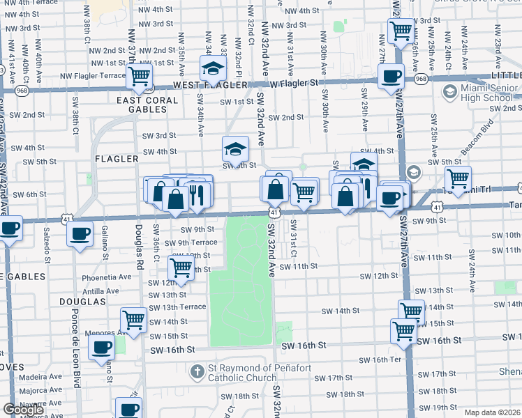 map of restaurants, bars, coffee shops, grocery stores, and more near 700-702 Southwest 32nd Avenue in Miami