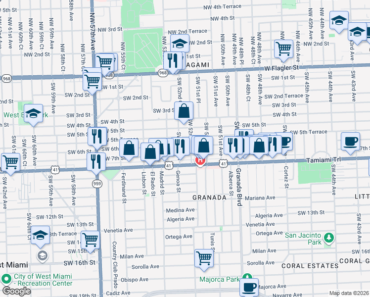 map of restaurants, bars, coffee shops, grocery stores, and more near 5211 Southwest 6th Street in Coral Gables