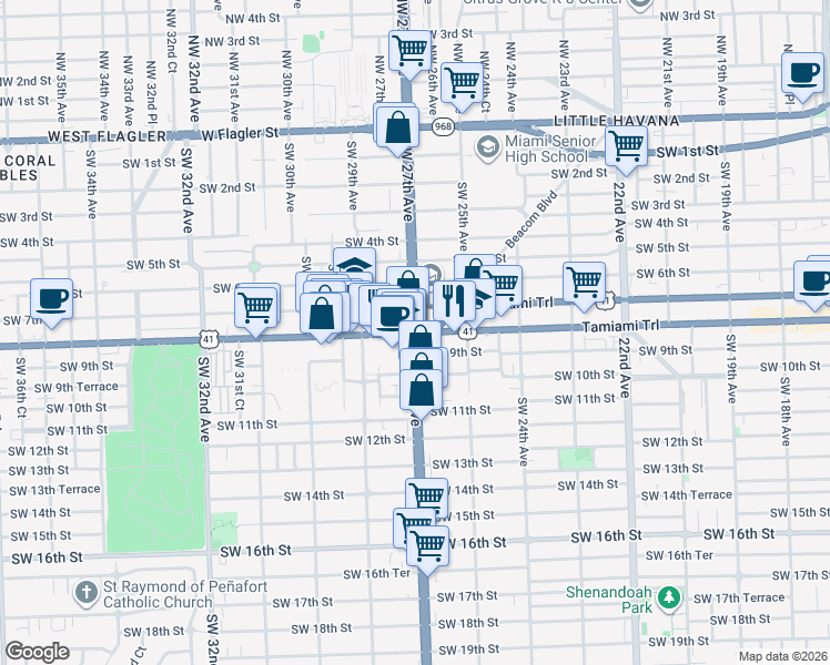 map of restaurants, bars, coffee shops, grocery stores, and more near Southwest 8th Street & Southwest 27th Avenue in Miami