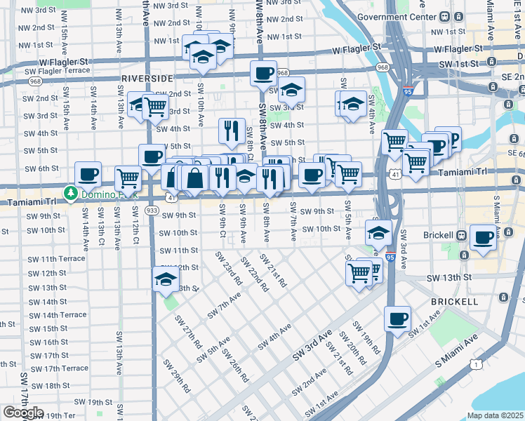 map of restaurants, bars, coffee shops, grocery stores, and more near 829 Southwest 8th Court in Miami