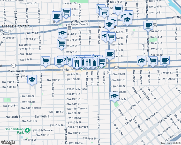 map of restaurants, bars, coffee shops, grocery stores, and more near 1442 Southwest 8th Street in Miami