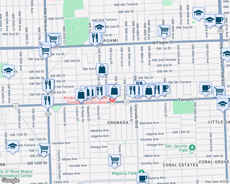 map of restaurants, bars, coffee shops, grocery stores, and more near 5151 Southwest 6th Street in Coral Gables
