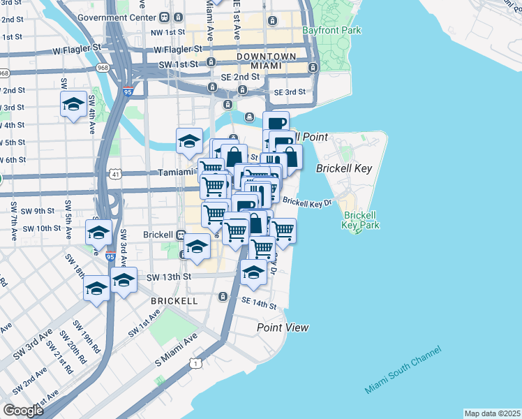 map of restaurants, bars, coffee shops, grocery stores, and more near 909 Brickell Avenue in Miami