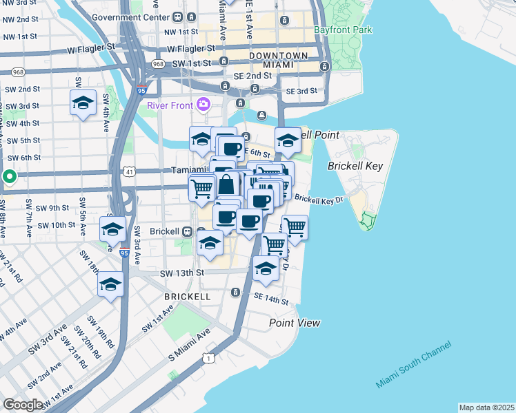 map of restaurants, bars, coffee shops, grocery stores, and more near 830 Brickell Avenue in Miami