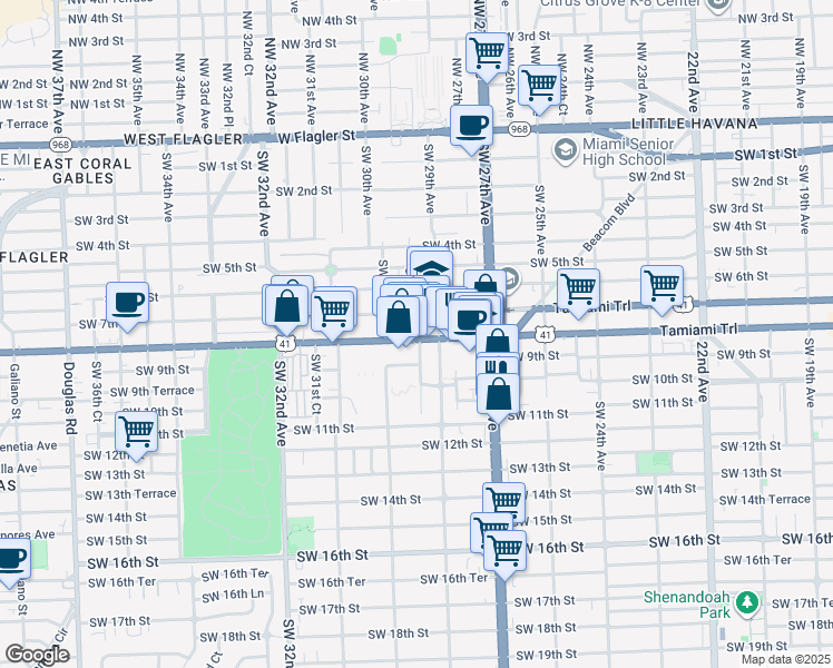 map of restaurants, bars, coffee shops, grocery stores, and more near 2975 Southwest 8th Street in Miami