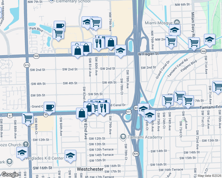 map of restaurants, bars, coffee shops, grocery stores, and more near 447 Southwest 79th Avenue in Miami