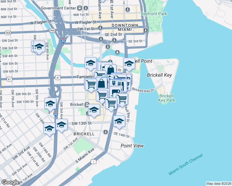 map of restaurants, bars, coffee shops, grocery stores, and more near 830 Brickell Avenue in Miami